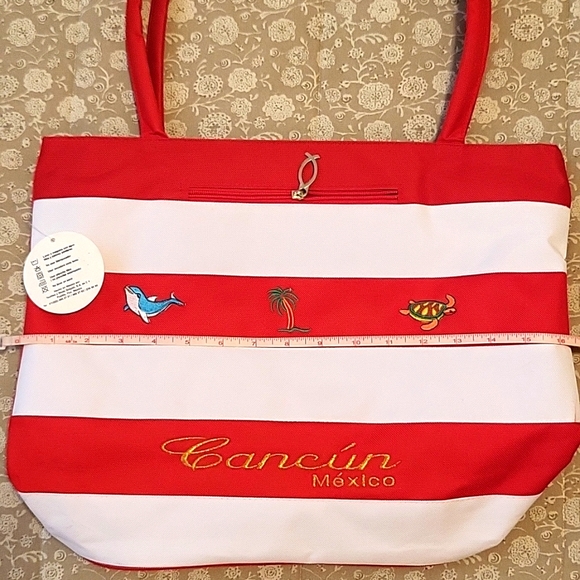 NEW Cancun Canvas Beach/Tote Bag, Red & White Stripes, Washable! - Picture 5 of 9